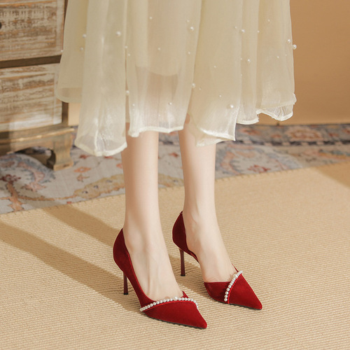 83313 Side hollow high heels women's stiletto 2024 spring new bridal wedding shoes pointed toe single shoes temperament bridesmaid shoes
