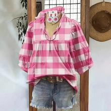 新款跨境欧美亚马逊独立站速卖通印花V领宽松荷叶边长袖女装上衣