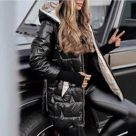 2024冬季新款欧美外贸跨境连帽棉服中长款棉衣