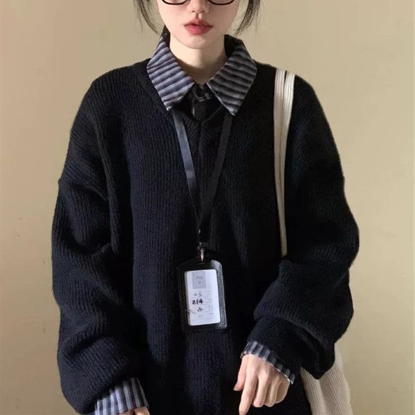 黑色宽松假两件毛衣女2025秋冬新款慵懒感百搭韩系V领针织衫上衣|undefined