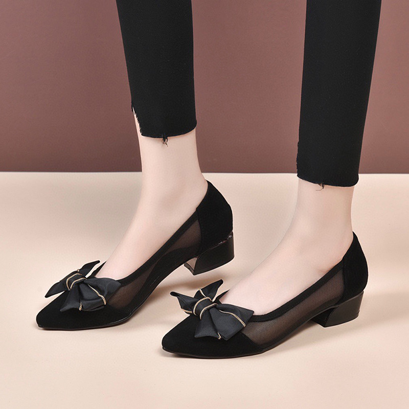 Giày ballet nữ mũi nhọn đế bằng da thật lưới thoáng khí — Màu đen gót 5cm