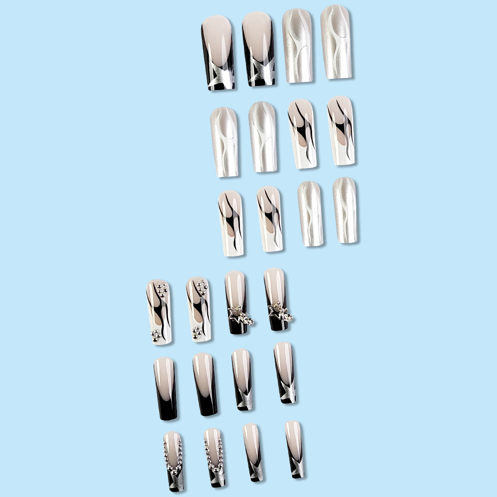 Uñas postizas europeas y americanas de larga duración, estilo francés en blanco y negro, con cadena de cuentas plateadas y estrellas, pegatinas para uñas. image 5