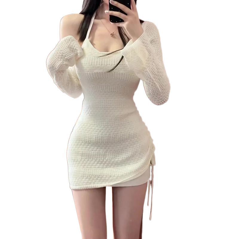 (2개) 사이드 풀 할로우 불규칙한 탑 긴 소매 칼라 선 스크린 블라우스 세트 여성의 여름 민소매 목 화이트 스커트