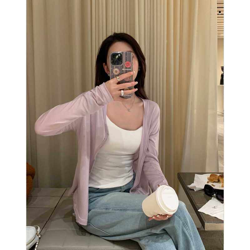 阿一  天丝醋酸纸片人开衫女夏季宽松外搭轻薄款防晒长袖针织上衣|undefined