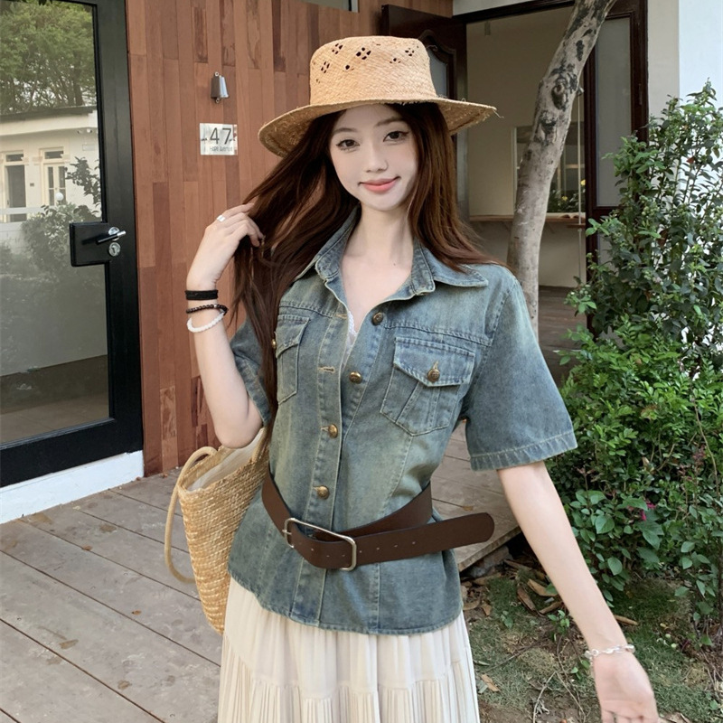 Hong Kong Style Retro Short-Sleeved Slim Denim Shirt for Women Summer Belt Waist Small Short Top Shirt Jacket