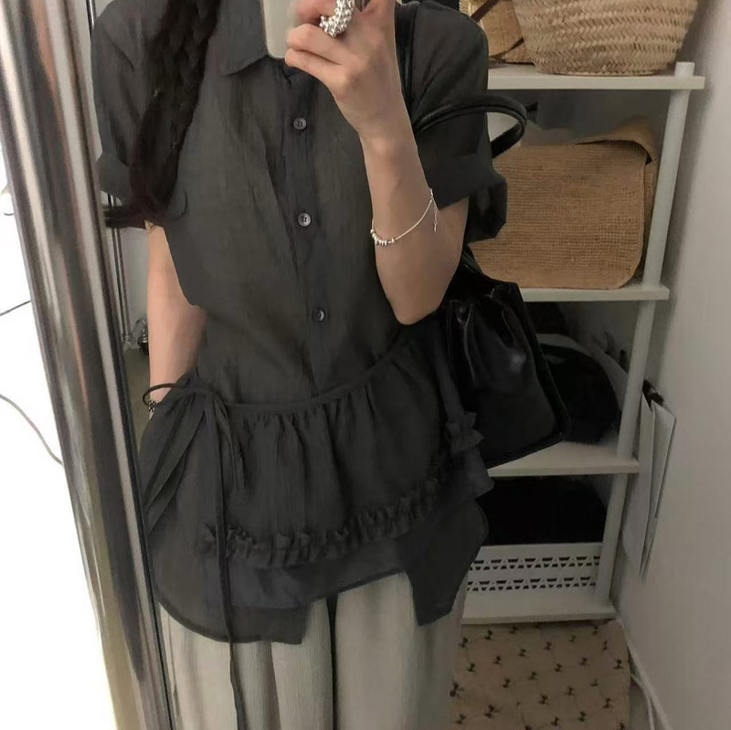 Korean Chic Summer French Design Slimming Back Tie Shirt Women's Outfit + Ruffle Lace Skirt Set