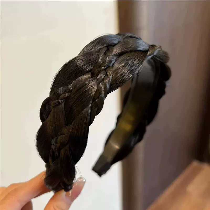 handmade wig headband with pigtail, scalloped hair accessory, matte silk, Ø≈15 cm