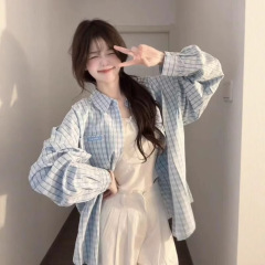 蓝色格子衬衫女春秋季2025新款法式衬衣外套小个子超好看长袖上衣
