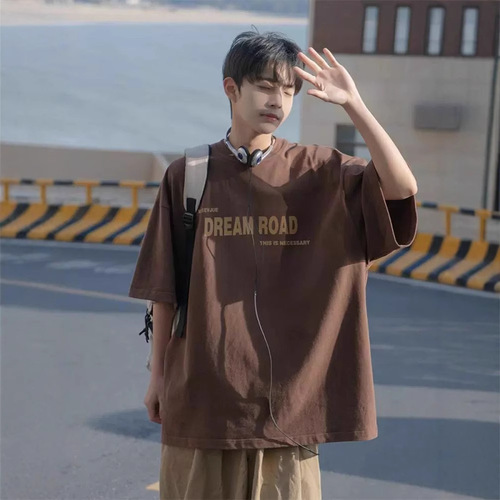 Men's Summer American Retro Coffee Short-Sleeve T-Shirt with Letter Print Loose Trendy Streetwear Casual Half-Shirt