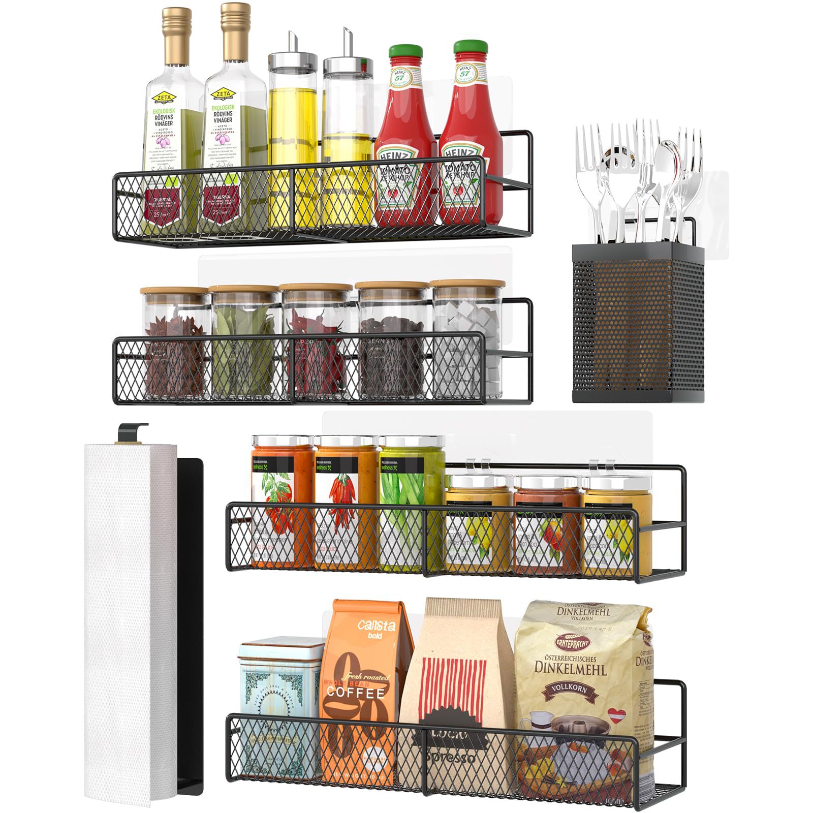 Wall-Mounted Metal Adhesive Spice Rack, Spice Storage Box, Hanging Shelf, No-Drill Paper Towel Holder
