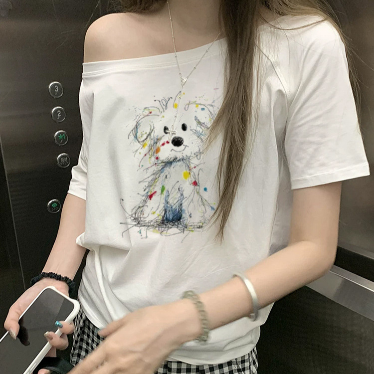 White Off-Shoulder Short-Sleeve T-Shirt for Women, Summer Style with Graffiti Dog Print, Casual Loose One-Shoulder Top