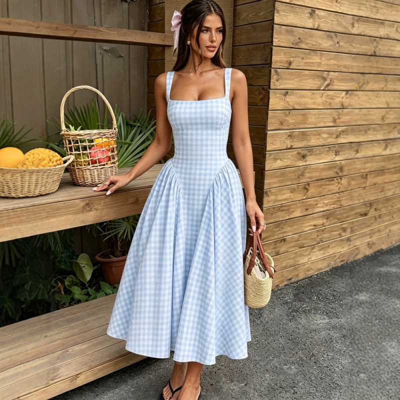 European and American New Style Plaid Fashion French Long Dress, Fresh Plaid Waist-Cinching Princess Dress with Tie-Back Strap Dress