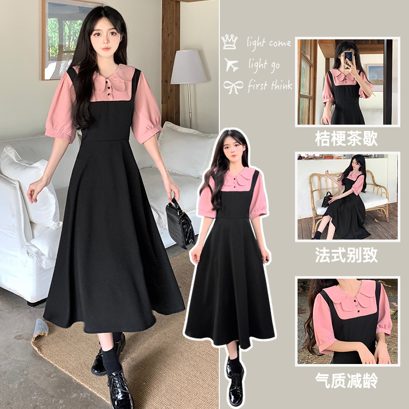 Summer French Tea Break High-End Fake Two-Piece Doll Collar Slim Dress Petite Plus Size Lace-Up Long Skirt