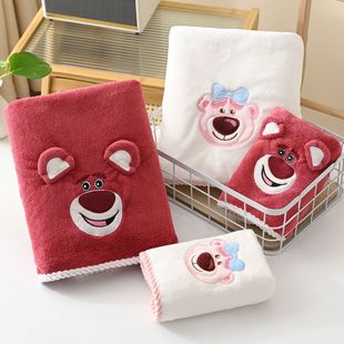 Three-Dimensional Strawberry Bear Towel, Coral Velvet Soft and Absorbent Kidsren's Towel Set, Can Be Packed in a Gift Box and Embroidered with Logo