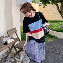 条纹撞色拼接短袖气质连衣裙女2025新款后妈裙2025新款爆款洋气