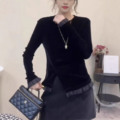 南油代发2025秋款设计感植绒拼花边前开叉上衣圆领气质通勤小衫女