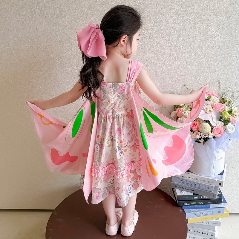 子供服女の子牧歌的なスタイルプリンセスベストドレス子供のファッショナブルな女の赤ちゃんサスペンダースカート蝶の羽のドレス|undefined