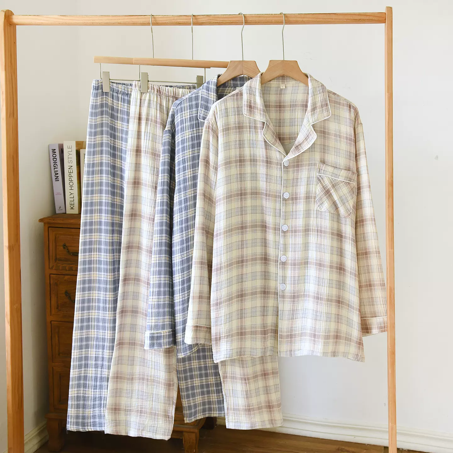 春秋新款男士家居服双层棉纱全棉格子长袖长裤绉布睡衣舒适简约休