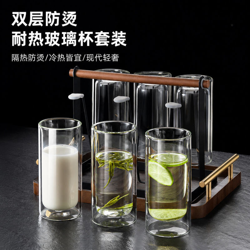 Double-layer glass cup for home use, high-temperature resistant tea brewing cup for entertaining guests, large-capacity insulated anti-scald drinking cup set Double-layer glass cup for home use, high-temperature resistant tea brewing cup for entertaining guests, large-capacity insulated anti-scald drinking cup set