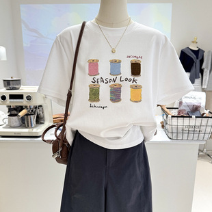 2025 New Summer European Fashion Fashion White Printed Cotton T-Shirt Style Loose Top
