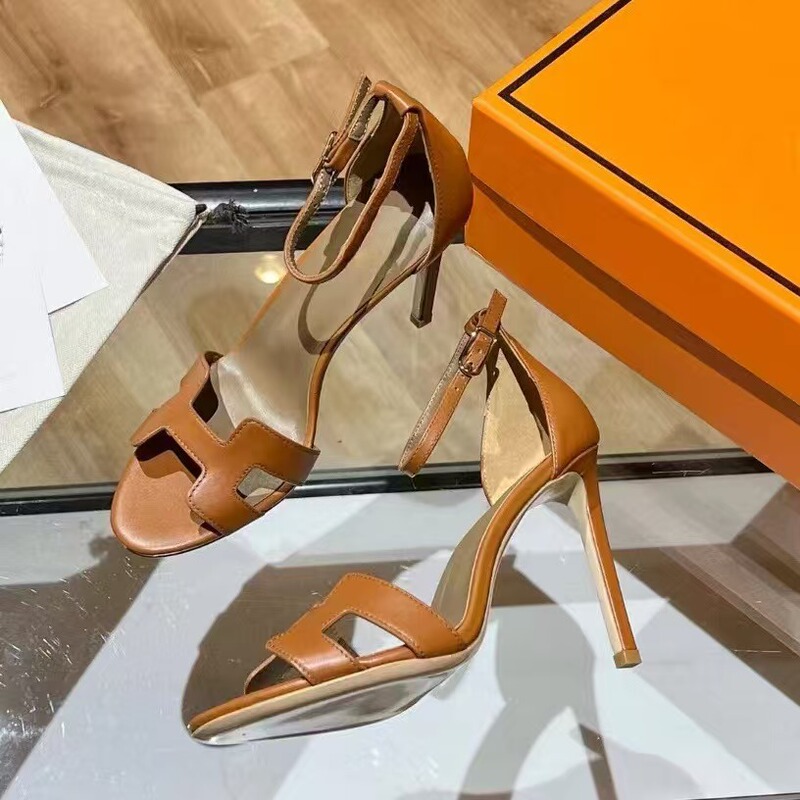 2025 Spring and Summer Leather High Heel Open Toe Buckle Rhinestone Casual Sandals with High Height Skinny Ladies Sandals