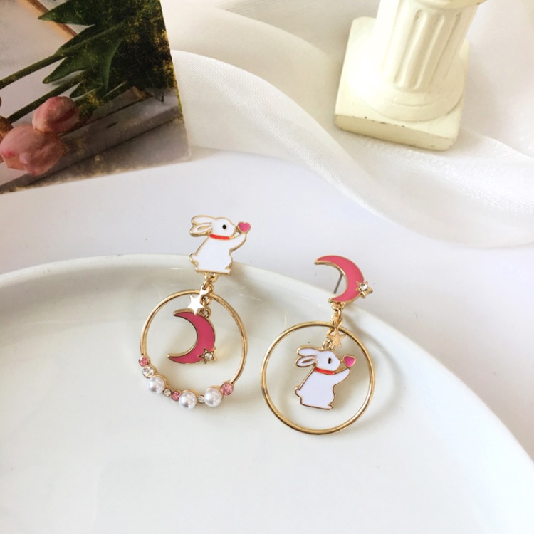 Nihaojewelry Wholesale Jewelry Cute White Rabbit Star Moon Diamond Earrings