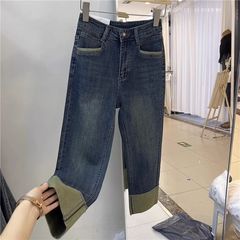 大码拼接直筒牛仔裤女秋季新款梨形身材高腰修身显瘦九分烟管裤