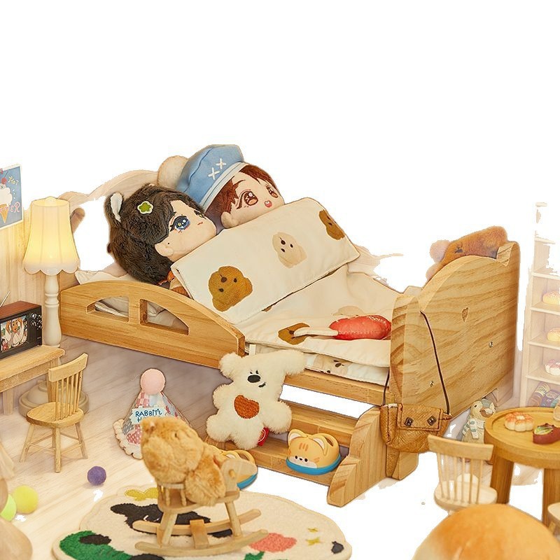 新款棉花娃娃娃床20cm公仔玩偶床上用品三件套bjd实木娃屋睡床|undefined