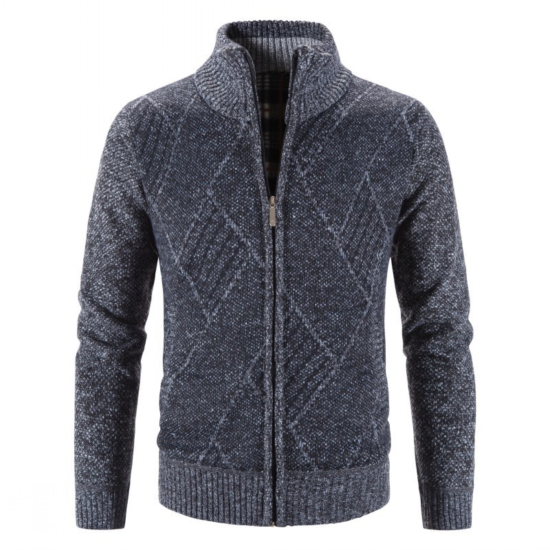 Cárdigan de punto para hombre para otoño e invierno, suéter para hombres de mediana edad y mayores, cuello alto informal, suéter jacquard de manga larga para hombre.