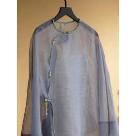 新中式轻国风女装微透灰蓝色交襟防晒衬衫洋气减龄小香风夏装上衣