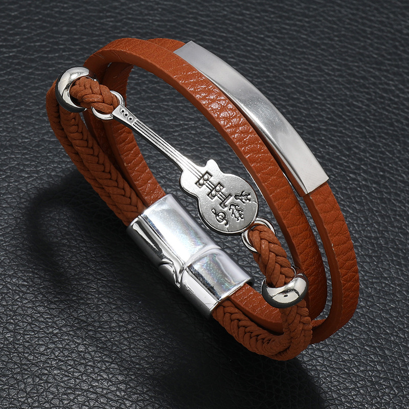 Pulseira masculina estilo punk europeu e americano com guitarra, feita de corda de couro trançada multicamadas, um ótimo presente para namorado._voghion.com
