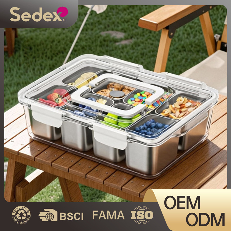 Eight-Compartment Snack Box Amazon Stainless Steel Food Storage Container Dishwasher-Safe Plastic Large Capacity Handle-Sealed Storage Box