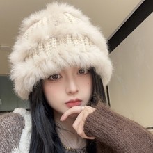 兔毛针织渔夫女秋冬护耳针织帽子保暖毛线帽毛绒帽子国潮醒狮帽子
