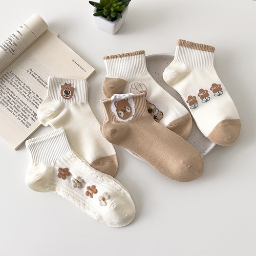 Korean Socks Lady Color-blocked Lace Cute Bear Cartoon Socks Dongdaemun New Arrival Girls Cotton Socks Casual Short Socks