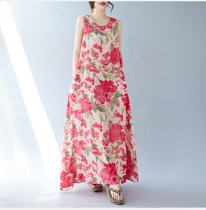 Real Shot Of The 2024 Summer New Bohemian Artistic Loose Sleeveless Round-neck Printed Mid-length Dress For Women_ecoleips.com