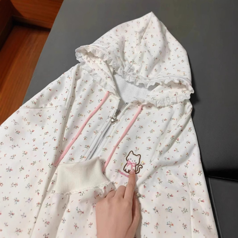 Thin kitten floral long sleeve zipper sweater hooded coat women's spring and summer Japanese cute cardigan loose top