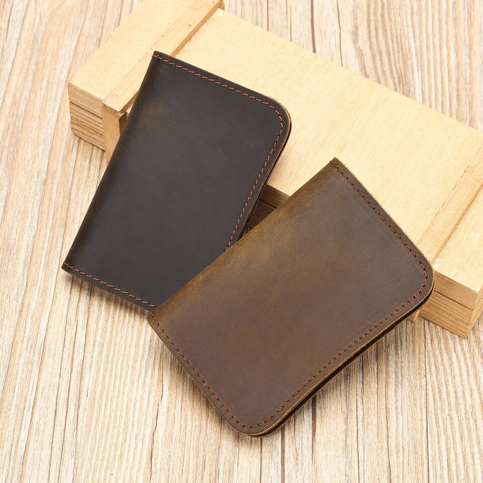 Ví đựng thẻ da bò thật cao cấp kiểu dáng sáng tạo đường chỉ nổi — Ngựa điên màu nâu sẫm, con ngựa điên màu nâu