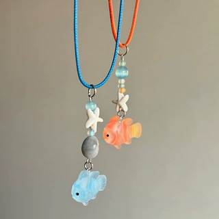 幸运锦鲤~蓝色小鱼海星串珠项链女款小众设计感可爱颈链锁骨链夏