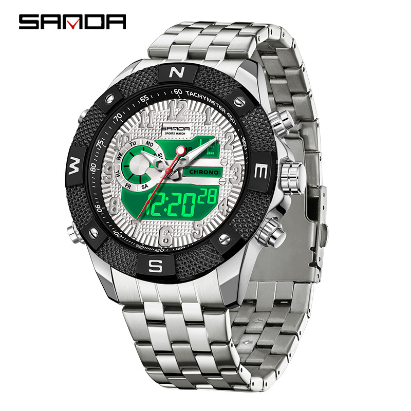 SANDA SANDA3308 nuevo reloj de pulsera electrónico con correa de acero, personalidad, creatividad, despertador multifuncional, reloj de luz nocturna