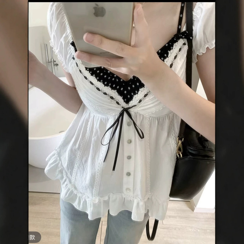 Ruoxin French Sweetheart 00 Cotton Puff Sleeve V-Neck Blouse with Bowknot and Faux Two-Piece Design