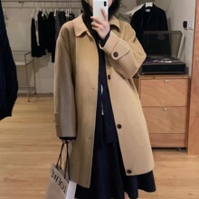 现 2025冬季新款韩国设计师简约斜插口袋中长款羊毛呢翻领大衣外