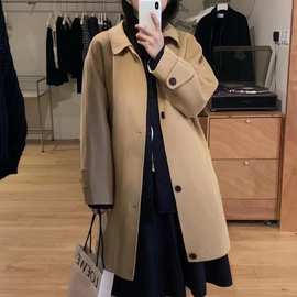现 2025冬季新款韩国设计师简约斜插口袋羊毛中长款毛呢大衣外套