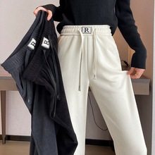 欧棉绒垂感窄版阔腿裤女春秋大码高腰休闲裤加绒加厚直筒裤小个子