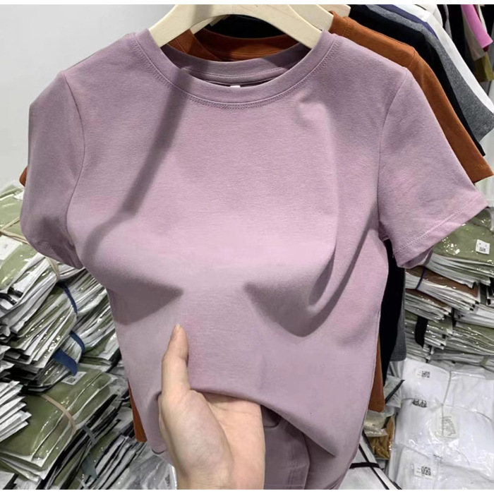 【店頭売れ筋】夏厚手純綿香港風シックな右肩半袖Tシャツレディース春夏ネイビーブルートップス|undefined