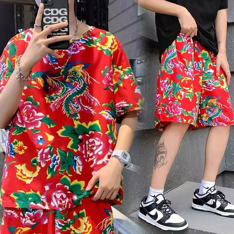 Northeast China floral print clothing, plus size, short-sleeved and shorts set, two-piece set, short-sleeved set, niche men's T-shirt.