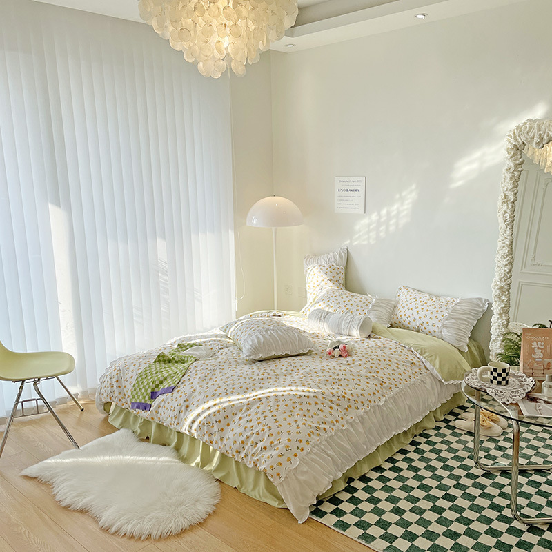 ins夏法式田园小碎花公主风床上四件套花边被套床裙床单厂家批发