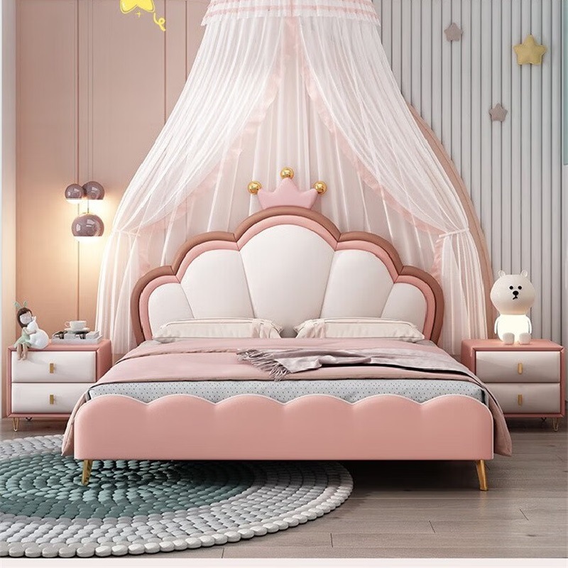 公主皇冠皮床现代简约1.2米女童女生儿童床1.5米男孩单人床