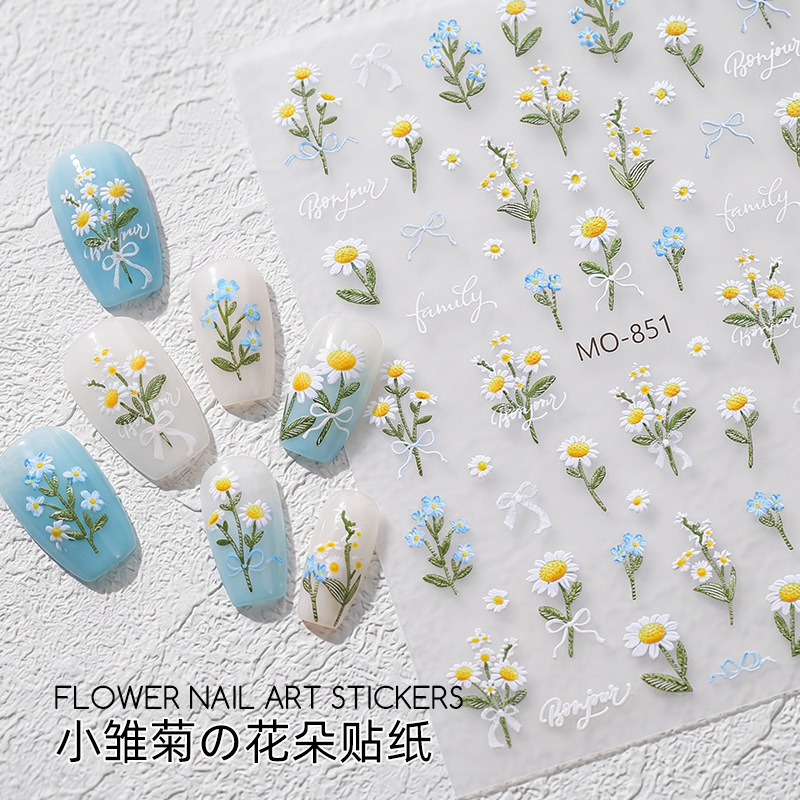 Wholesale small daisy flower nail art stickers, Chinese-style elegant and versatile, fresh and simple, three-dimensional nail decal decorations