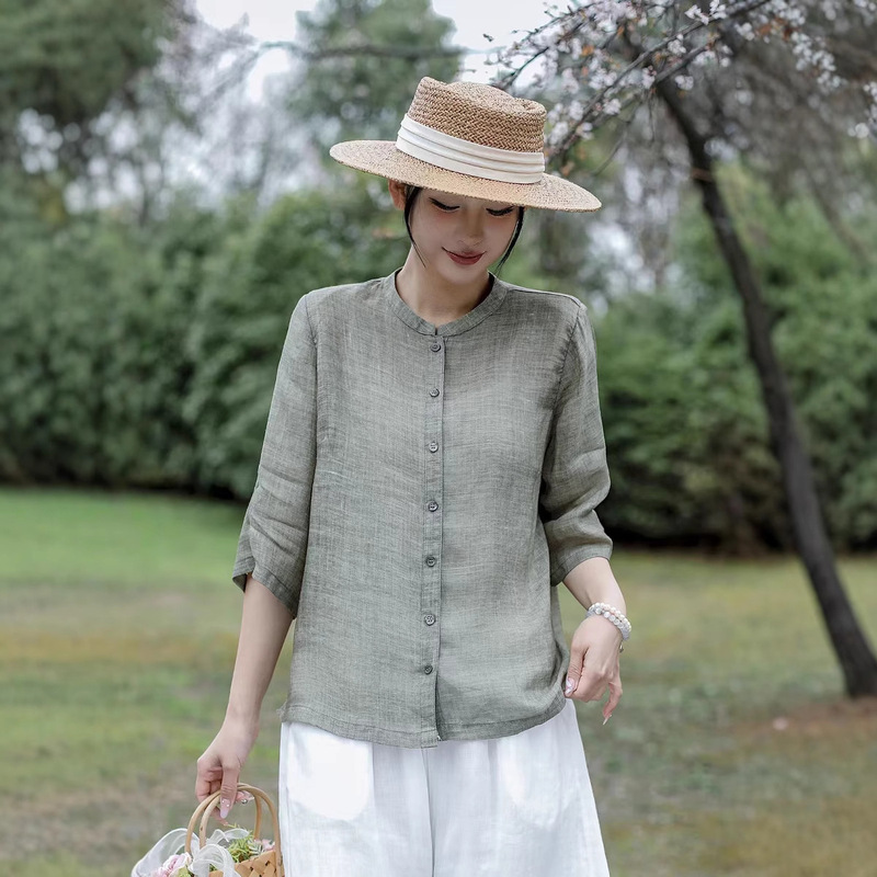 42 Pure Ramie Round Neck Stitching Lace Seven-point Sleeve Shirt Women's 2025 Summer All-match Simple Casual Shirt