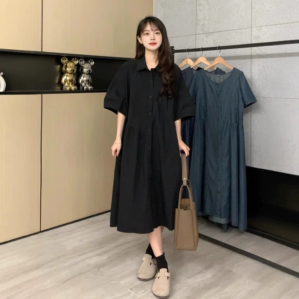 Летнее платье-рубашка 2024 года с воротником-поло для женщин, свободного кроя, средней длины, для миниатюрной талии